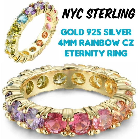 NYC Sterling Womens .925 Silver Emerald Cubic Zirconia Rainbow Eternity Ring